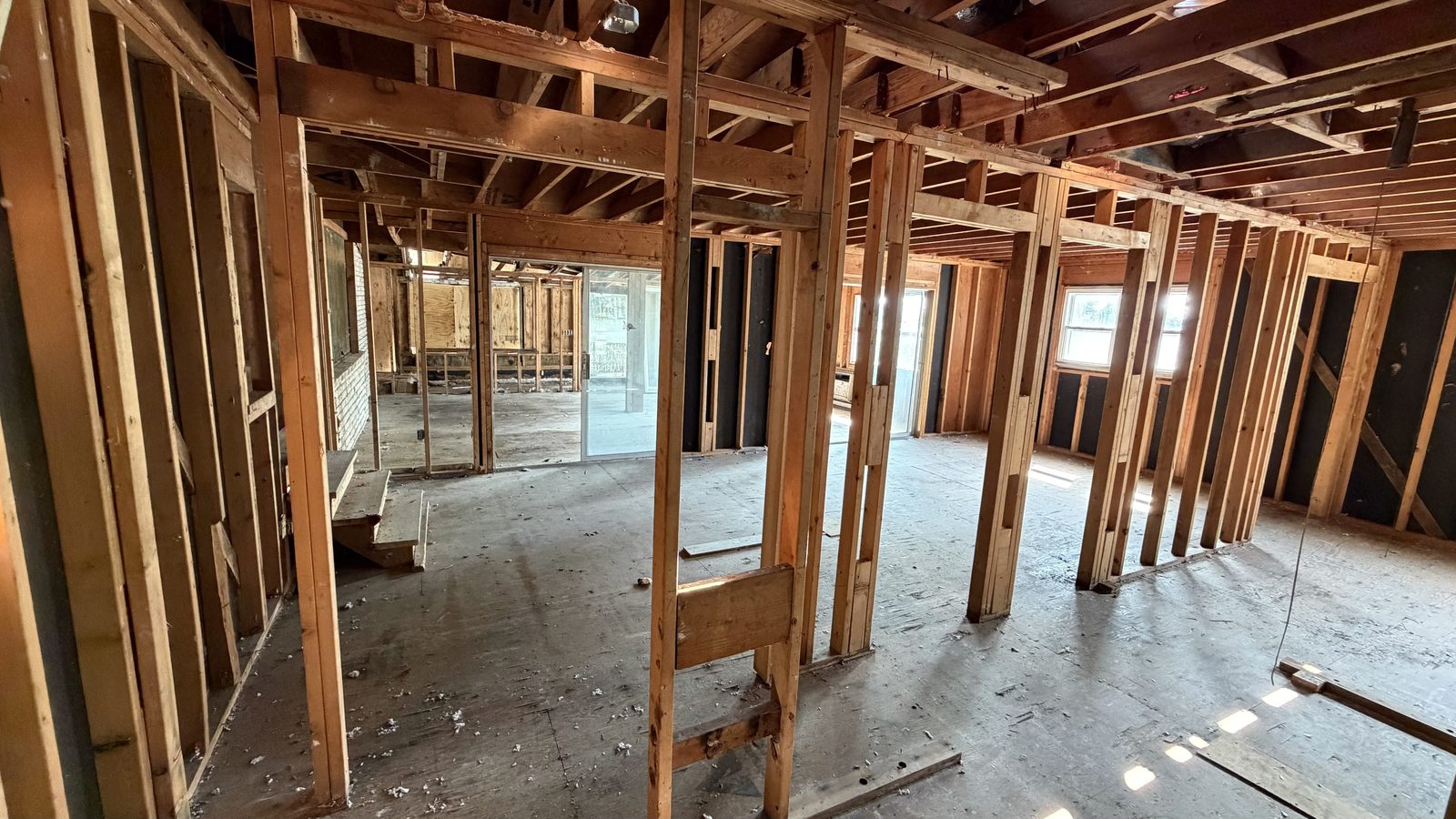 Interior of 1254 Washington Drive opened to exposed framing